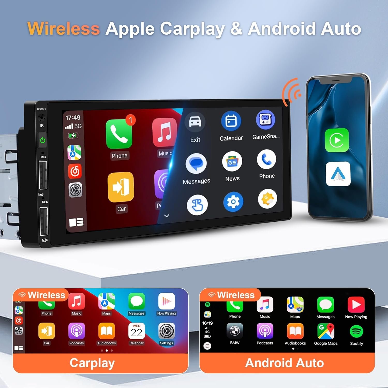 Автомагнітола PODOFO 6886C / 6.86" / Сенсорна / Wince / Apple CarPlay / Android Auto / Bluetooth / USB / AUX / 1DIN, фото №2
