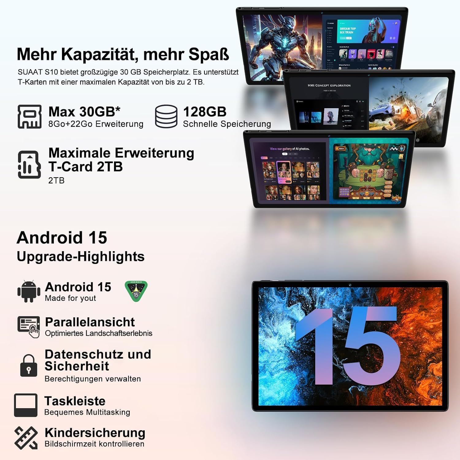 Планшет 10.1" SUAAT S10 (8+22)/128Gb 8 ядер Android 15 8000 mAh Чорний, фото №2 Планшет 10.1" SUAAT S10 (8+22)/128Gb 8 ядер Android 15 8000 mAh Чорний, фото №2