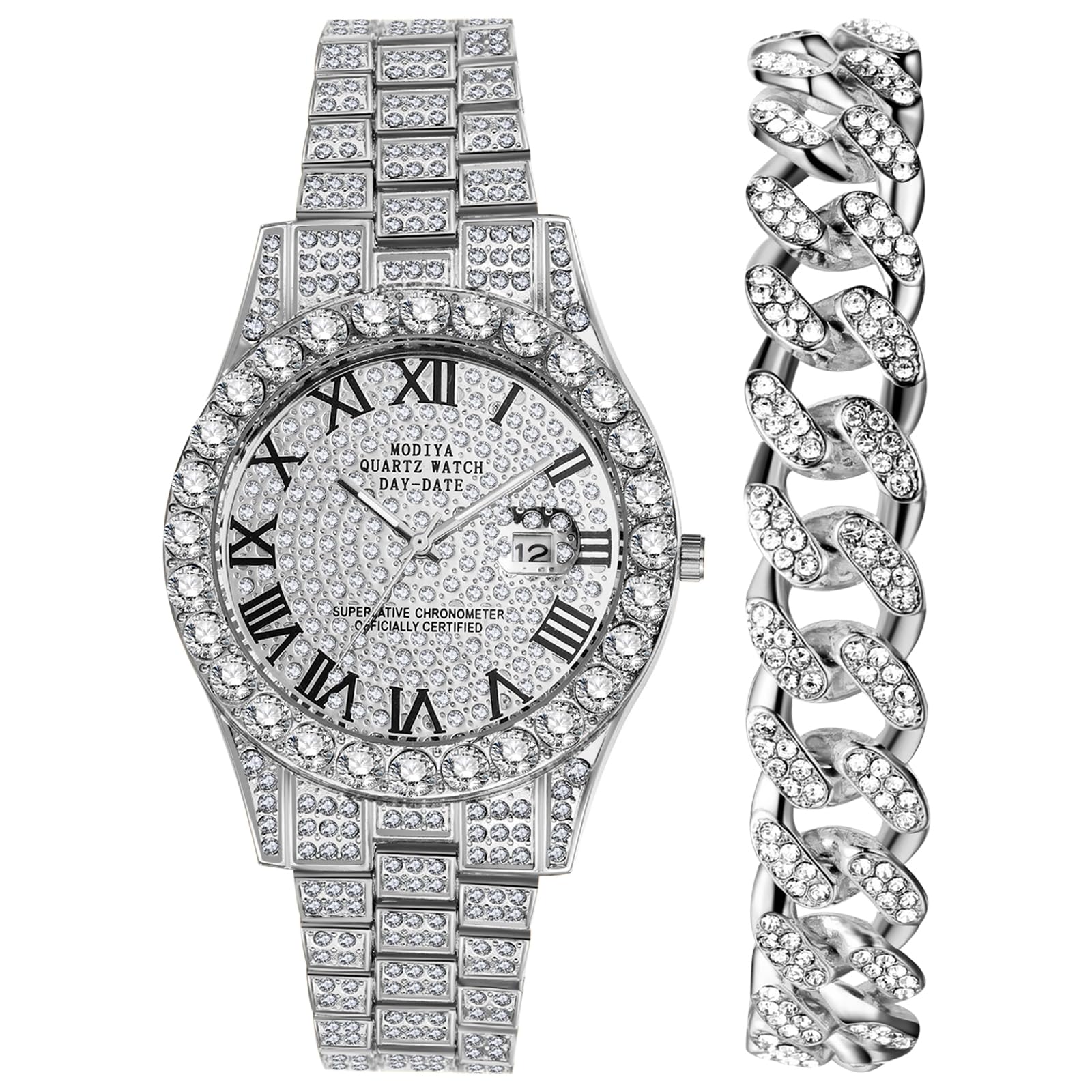 Годинники OIDEA Diamond Армбанд: 2 штуки Панцирний ланцюг Наручний браслет зі стразами Чоловічий годинник з ромською цифрами Календар Ювелірний виріб Чоловіки Друг Брат Батько, фото №1