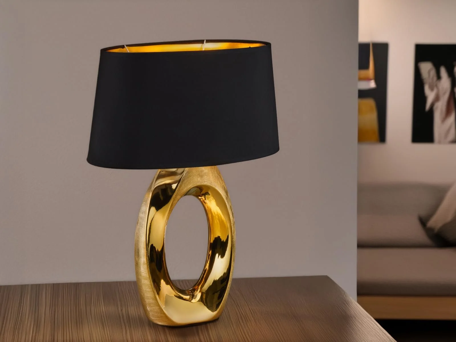 Настільна лампа meineWunschleuchte Велика з овальним тканинним плафоном 52 см Чорний/Золотий, фото №2
