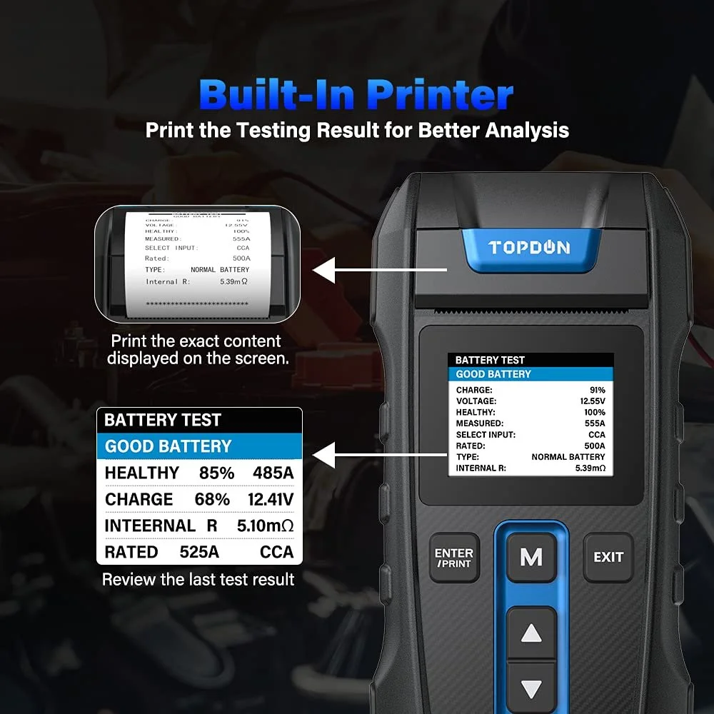 Тестер автомобильных аккумуляторов TOPDON BT300P с принтером Черный, фото №3 Тестер автомобильных аккумуляторов TOPDON BT300P с принтером Черный, фото №3