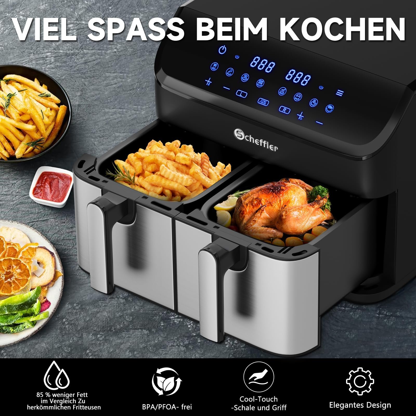 Мультипіч Scheffler 2 камери 9 л (2 x 4.5 л) 2000 Вт Dual Cook & Sync Finish 8 програм Сенсорний екран XXL, фото №7 Мультипіч Scheffler 2 камери 9 л (2 x 4.5 л) 2000 Вт Dual Cook & Sync Finish 8 програм Сенсорний екран XXL, фото №7