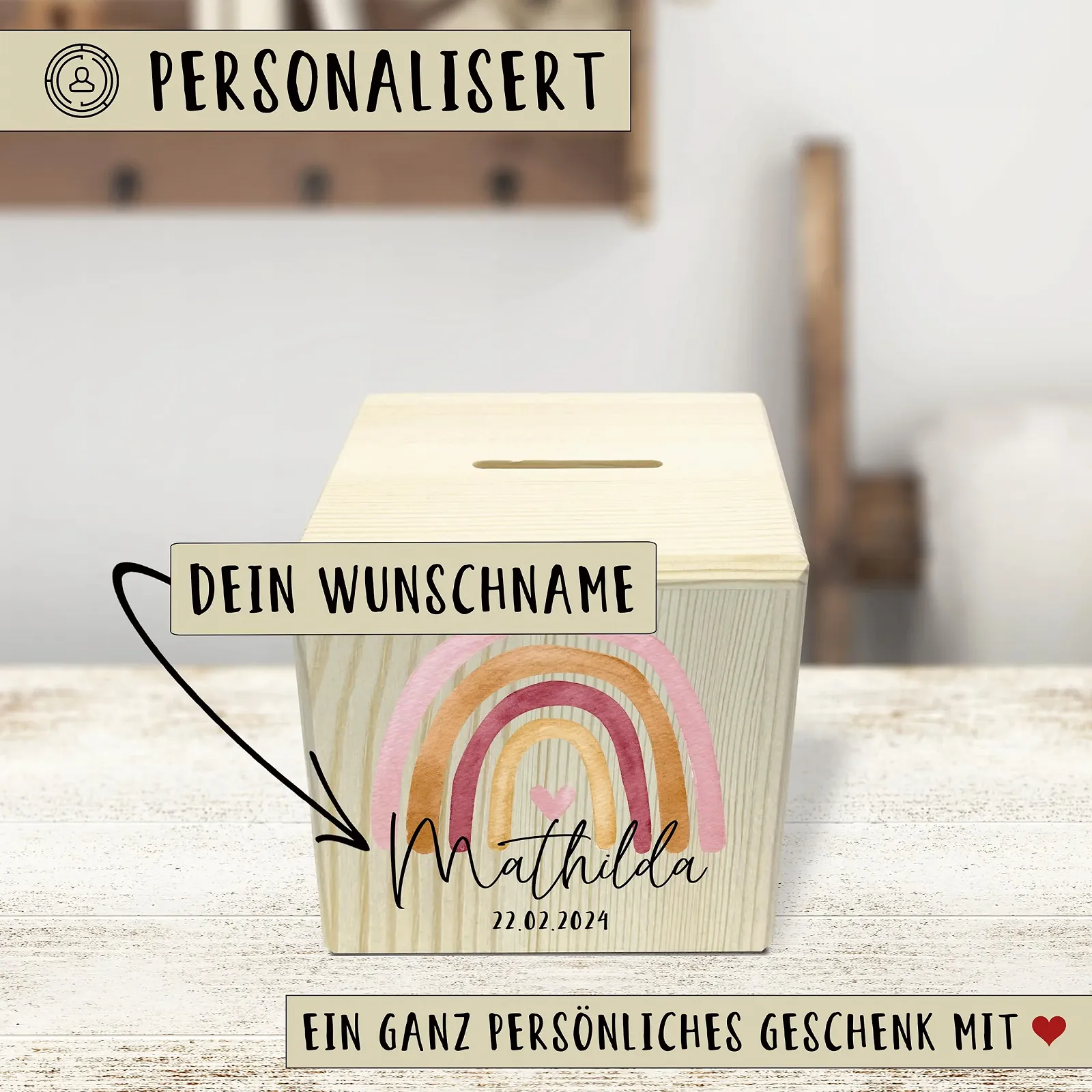 Скарбничка Rainbow дерев'яна іменна із замком, фото №4