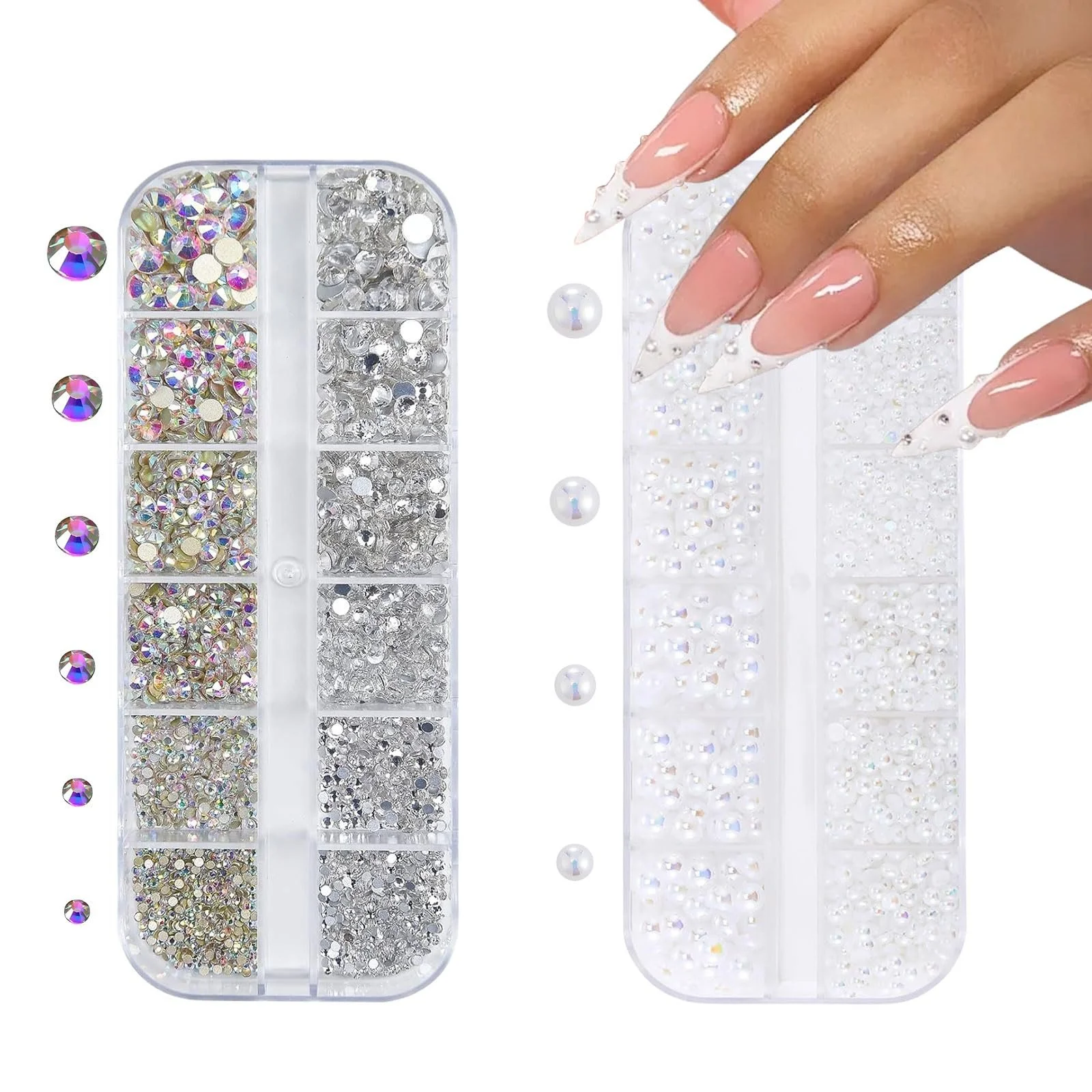 Стрази для нігтів і бісер, 2 коробки Flackback, білі намистини, фото №1