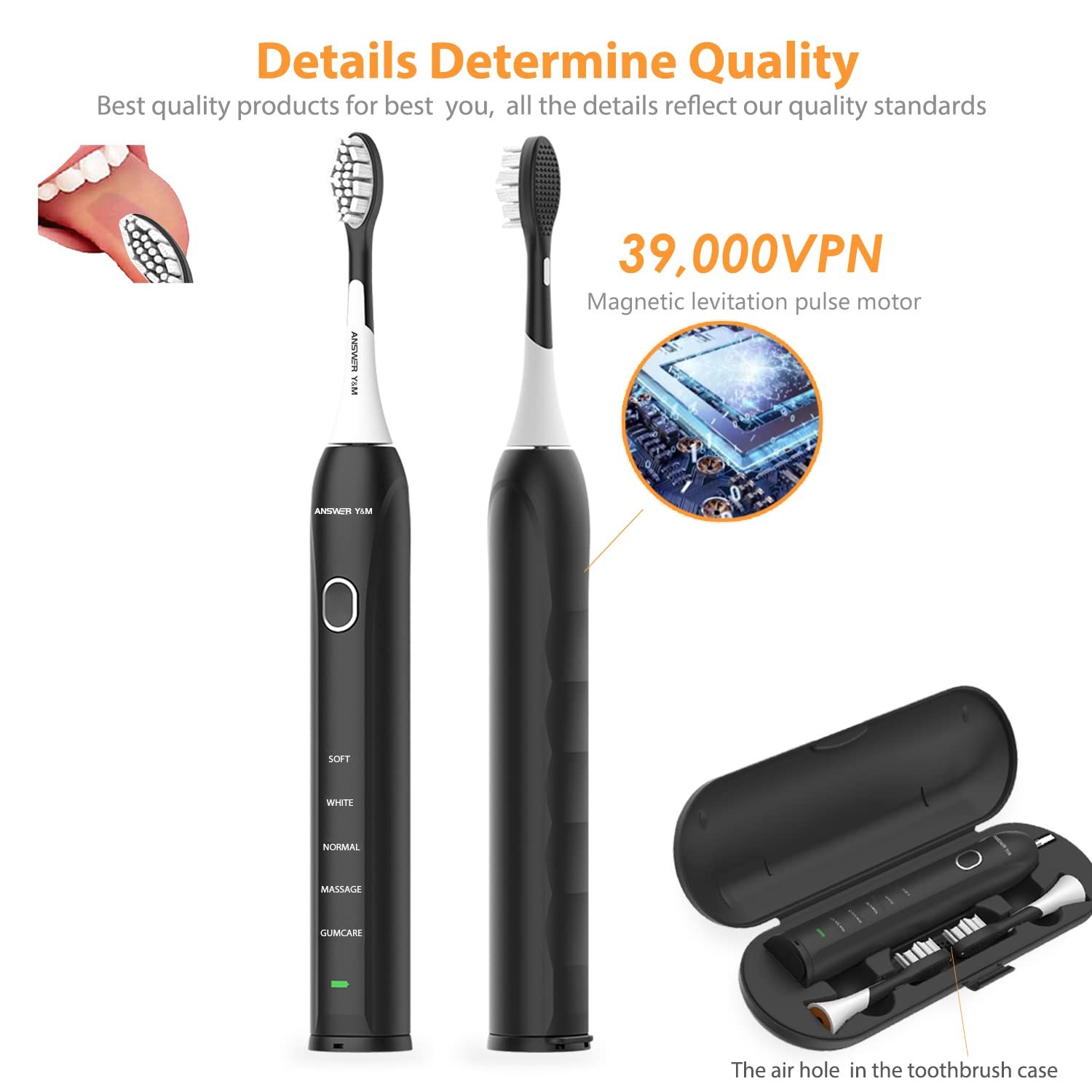 Електрична ультразвукова зубна щітка 39000 VPN Низький рівень шуму Акумулятор на 50 днів Чорна, фото №5
