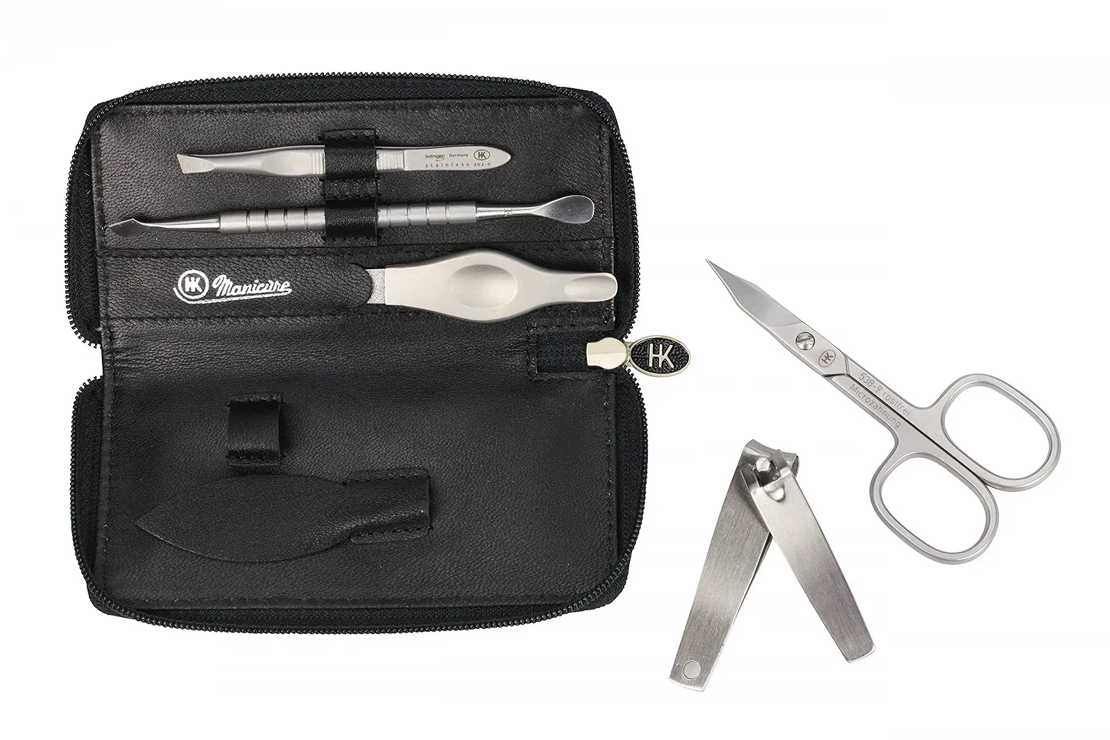 Набор для маникюра HK Manicure by Hans Kniebes 5 предметов Ножницы для ногтей, кусачки, пила, пинцет, двойной инструмент Черный, фото №3