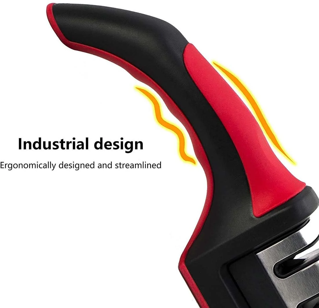 Точилка для ножей ручная профессиональная 3 уровня вольфрамовая сталь алмаз керамический камень для стальных и керамических ножей Black, Red, фото №6