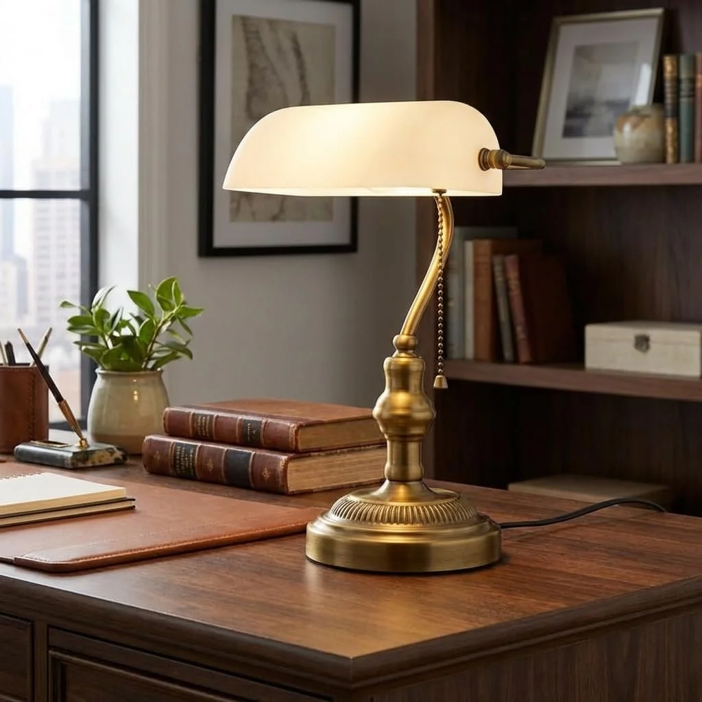 Настільна лампа Barcelona LED Vintage Banker E27 Ретро Скляний плафон Металева основа Латунь/Хром/Нікель, фото №1