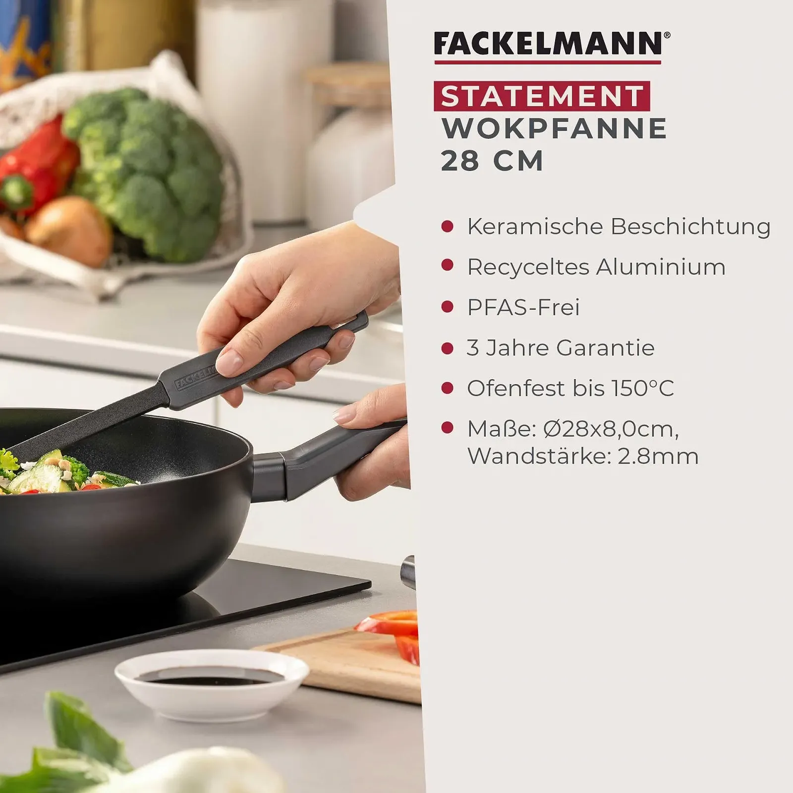 Сковорідка-Wok Fackelmann Statement 28 см, керамічне покриття, зроблений з переробленого алюмінію, стільникова структура дна, для всіх типів плит, включаючи індукційні, без PFAS, фото №3 Сковорідка-Wok Fackelmann Statement 28 см, керамічне покриття, зроблений з переробленого алюмінію, стільникова структура дна, для всіх типів плит, включаючи індукційні, без PFAS, фото №3