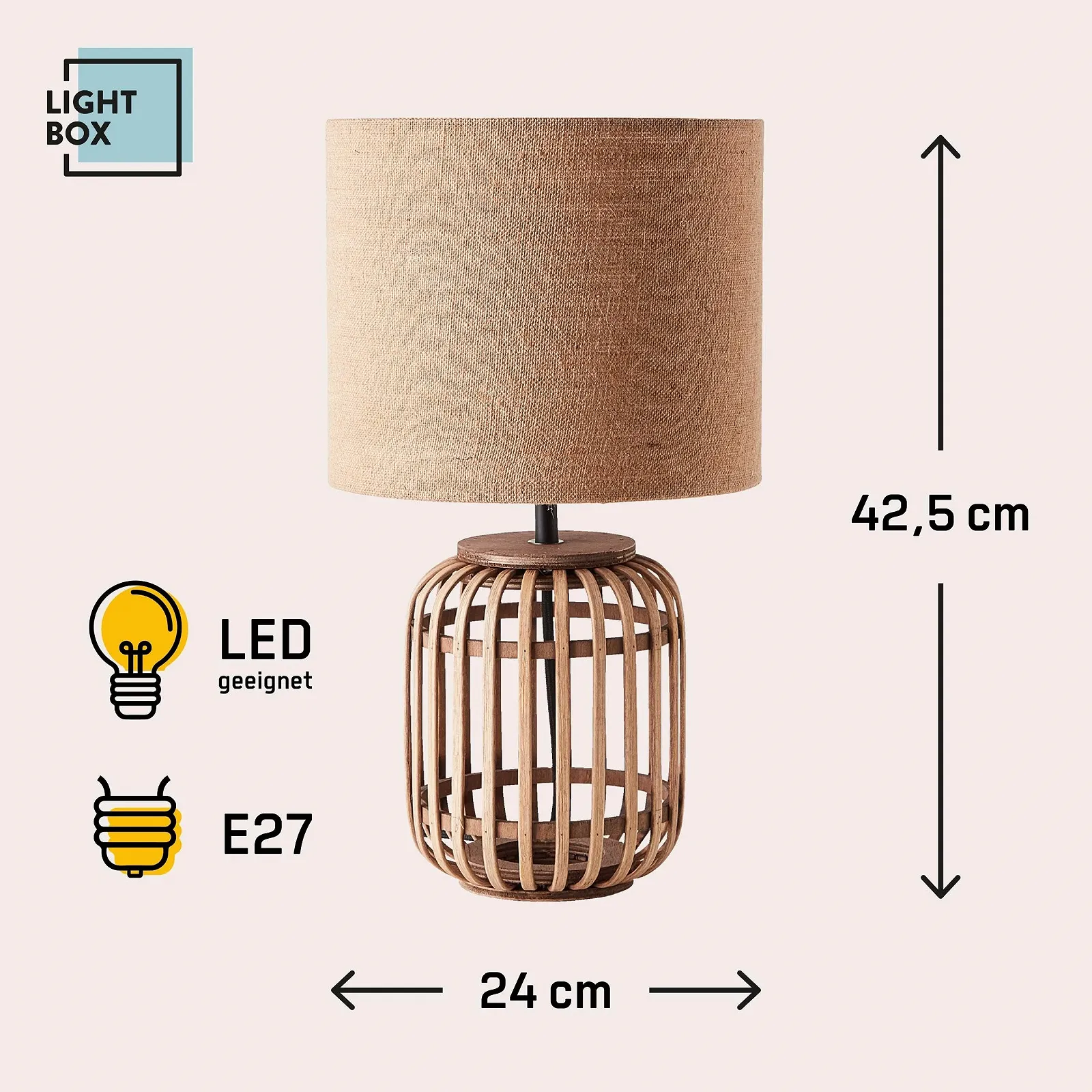 Настольная лампа Lightbox декоративная 43 см высота бамбук/текстиль натуральный вид, фото №3