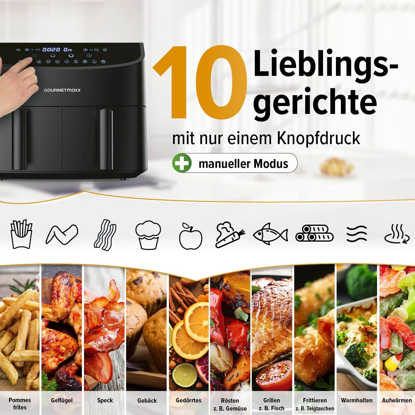 Мультипечь Gourmetmaxx Double Chamber Hot Air Fryer 2 x 3.5 л 2400 Вт 10 программ Чорний, фото №3 Мультипечь Gourmetmaxx Double Chamber Hot Air Fryer 2 x 3.5 л 2400 Вт 10 программ Чорний, фото №3