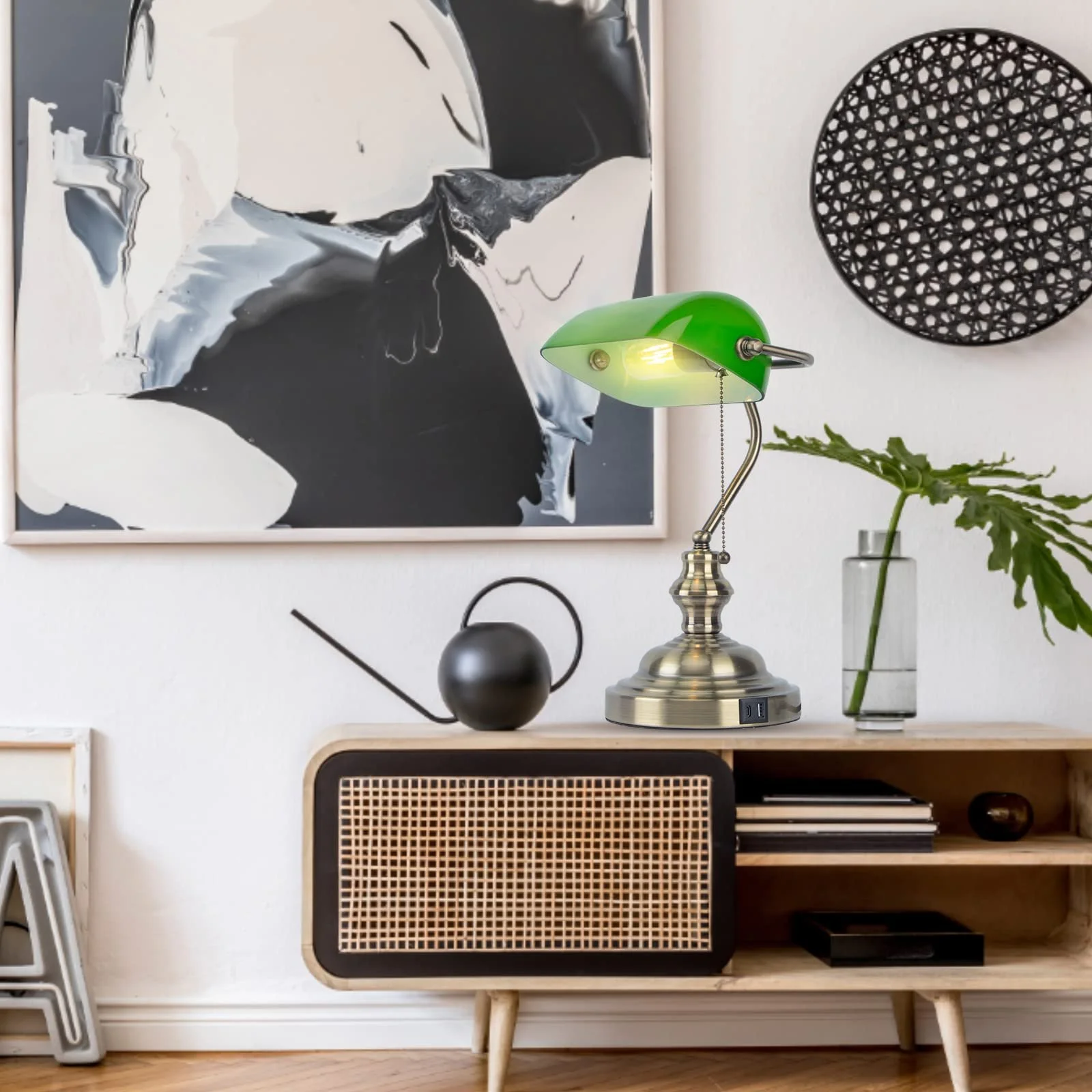 Настільна лампа Банківська Ретро Бездротова зарядка USB Функція заряджання Метал Латунь Ланцюжковий вимикач Зелене скло, фото №7