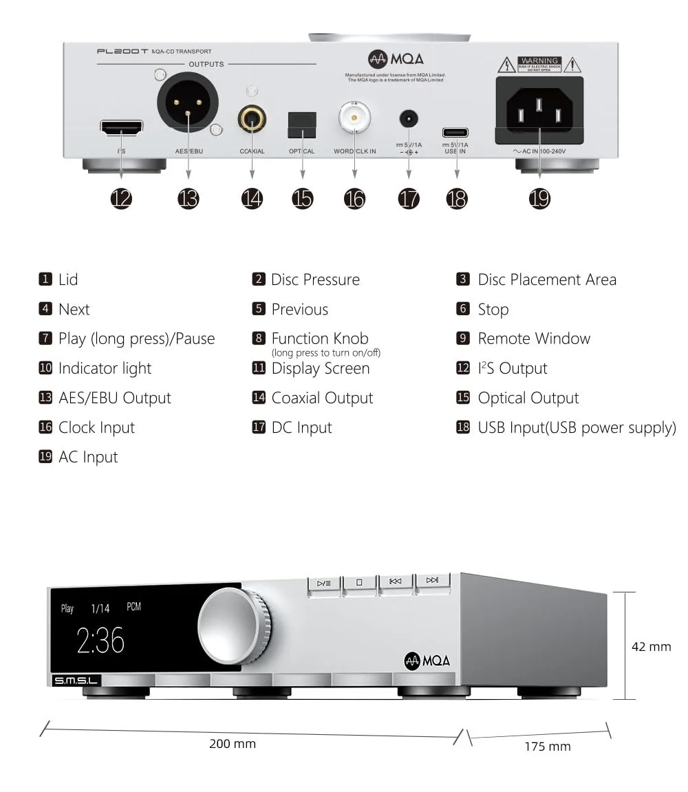CD-проигрыватель SMSL PL200T MQA Вход тактового сигнала HiFi Lossless Lid-Open Playback Mod Transport Серебристый, фото №7