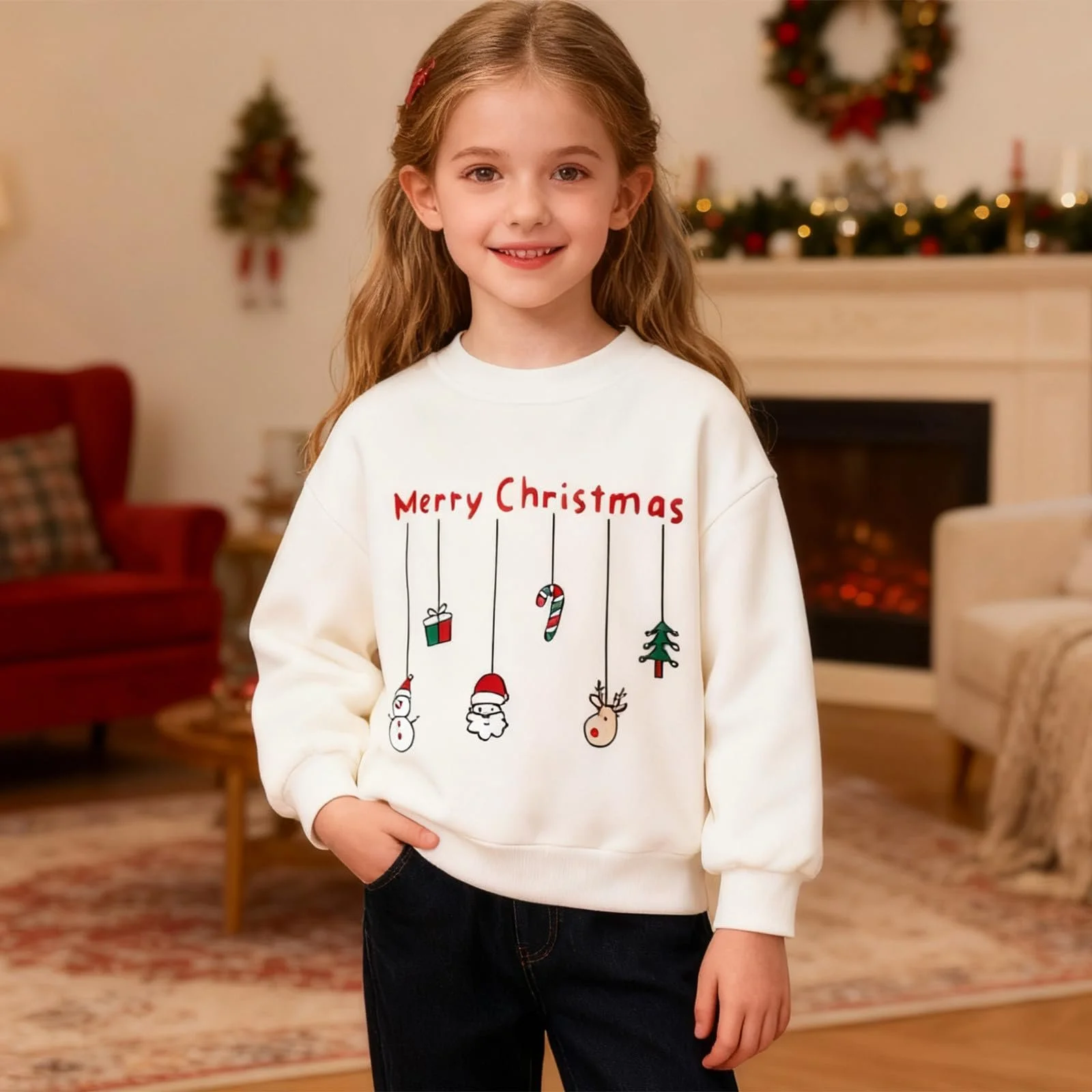 Свитшот для девочек с принтом, с длинными рукавами и круглым вырезом, уютный флисовый верх с праздничным дизайном для малышей и подростков, фото №3