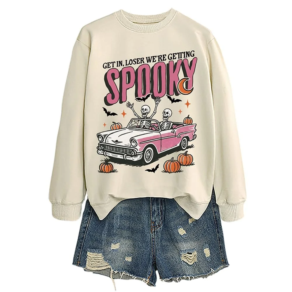 Женский Свитшот MLZHAN на Хэллоуин, смешное привидение на автомобиле, тыква, летучие мыши, графический, с круглым вырезом, с длинными рукавами, страшные фестивальные рубашки, фото №3