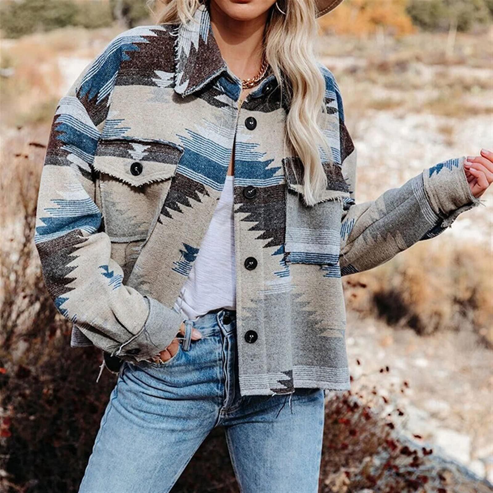 Джинсова куртка Sawmew Жіноча з геометричним принтом Довгий рукав Піджак Shacket Ковбойський Денім Пальто з кишенями, фото №2 Джинсова куртка Sawmew Жіноча з геометричним принтом Довгий рукав Піджак Shacket Ковбойський Денім Пальто з кишенями, фото №2