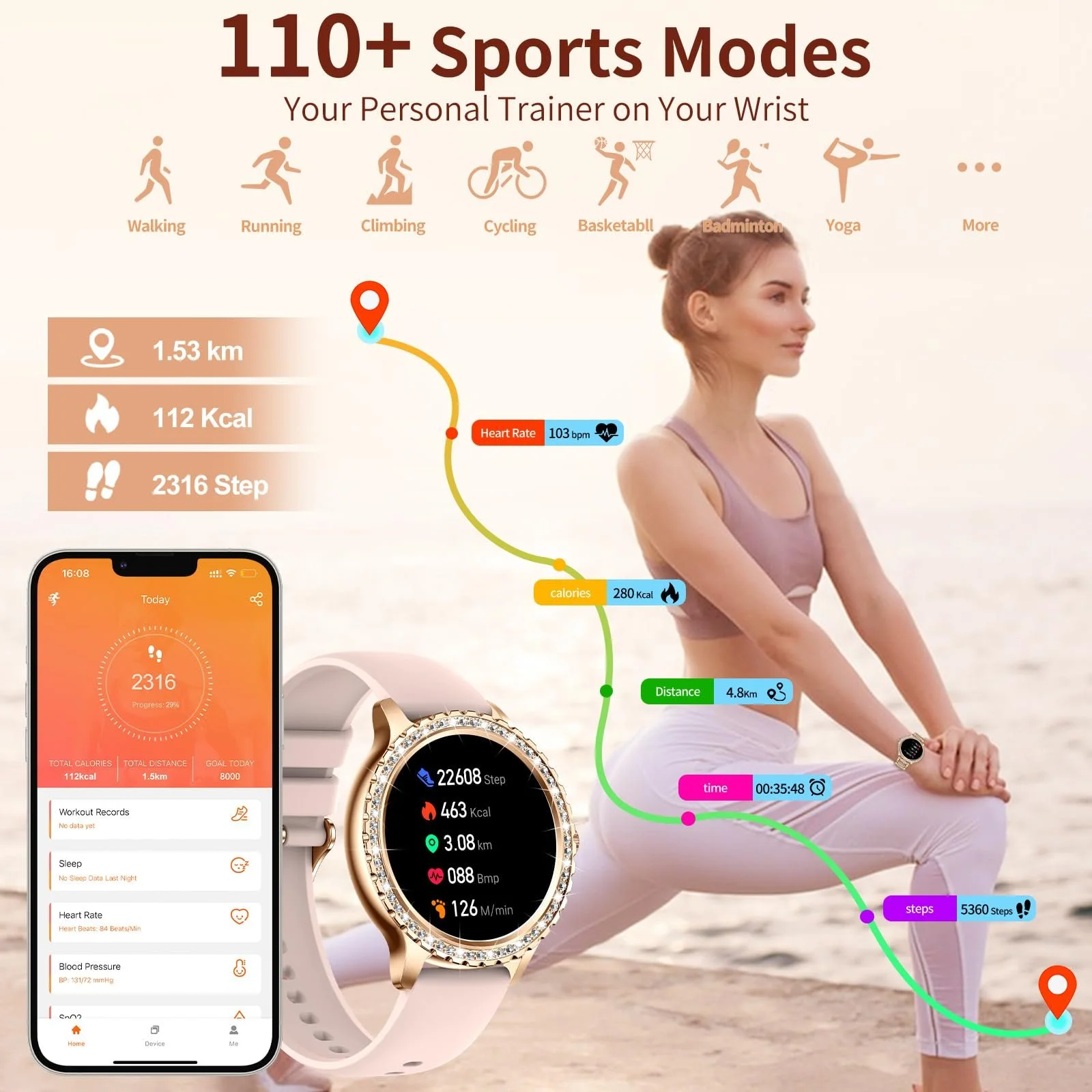 Розумний годинник жіночий, 1.32 дюйми, круглий HD, функція дзвінка, 120+ спортивних режимів, для Android iOS, фото №7