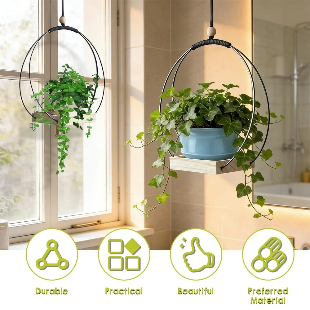 Підвісні кошики 2 шт. сучасні в стилі бохо з дерев'яною основою та металевим кільцем, фото №5 Підвісні кошики 2 шт. сучасні в стилі бохо з дерев'яною основою та металевим кільцем, фото №5