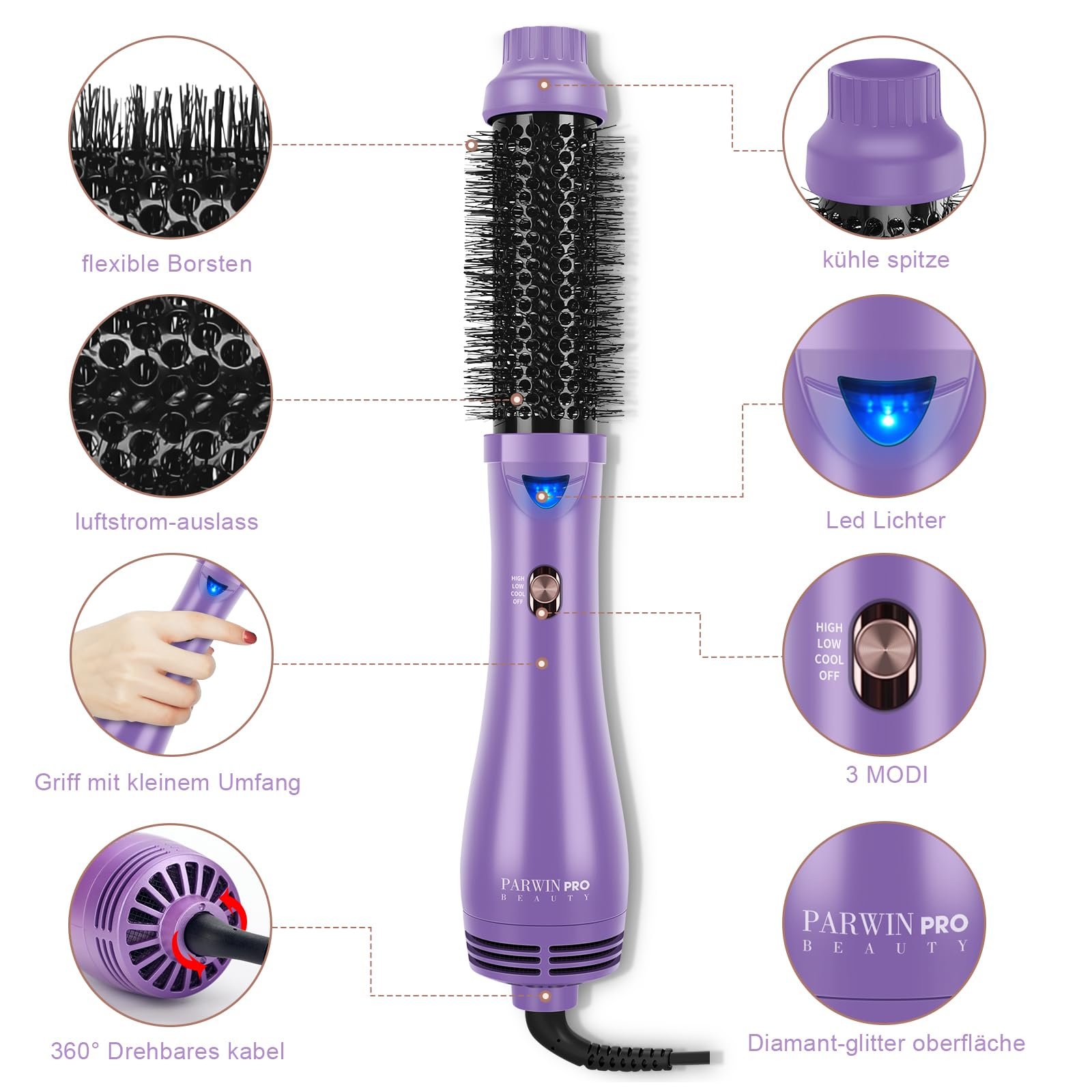 Фен-щітка PARWIN PRO BEAUTY One-Step 4-в-1 1000 Вт Purple, фото №5 Фен-щітка PARWIN PRO BEAUTY One-Step 4-в-1 1000 Вт Purple, фото №5