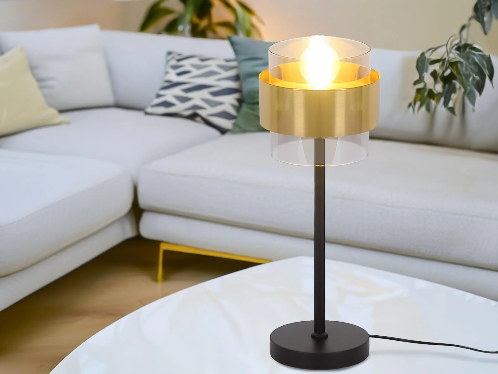 Настольная лампа LED большая абажур из дымчатого стекла диаметр 18 см латунное кольцо, фото №2