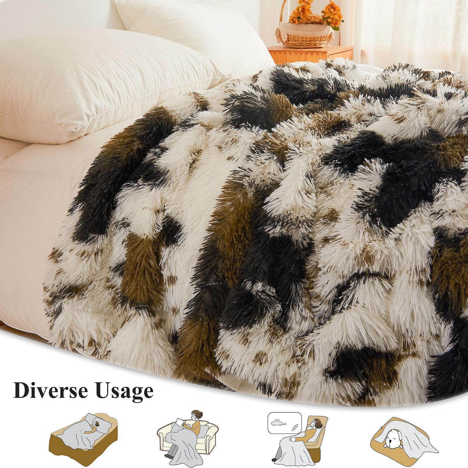 Одеяло XeGe из искусственного меха с коровьим узором Мягкое большое пушистое одеяло с коровьим узором Декоративное плюшевое одеяло для дивана Милое пушистое одеяло с животным принтом для гостиной Коровье коричневый, 152 x 228 см, фото №3