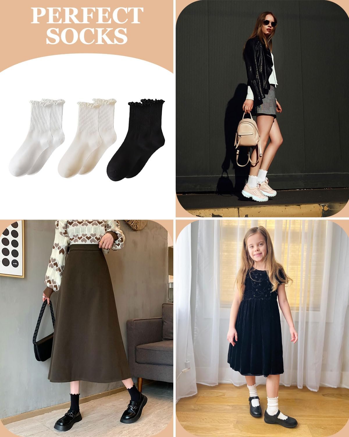 Носки с рюшами (6 пар) Хлопковые носки с рюшами Женские носки до щиколотки Мягкие дышащие носки с оборками для женщин и девушек Спорт Отдых 35-40 (Белый, кремовый, черный), фото №6