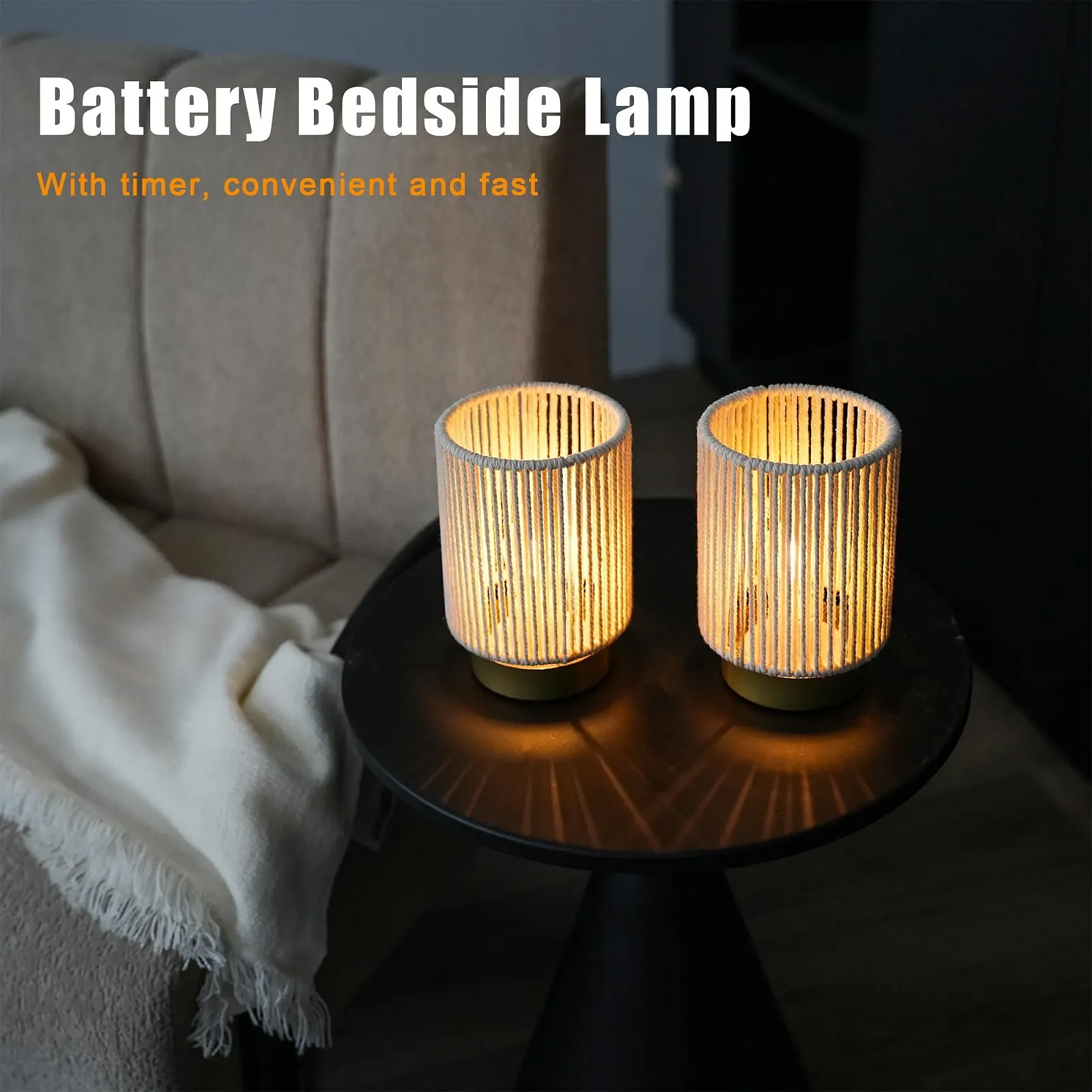 Настільні лампи JHY DESIGN Набір з 2 шт. Плетені з бавовняної мотузки на батарейках 17 см, фото №6