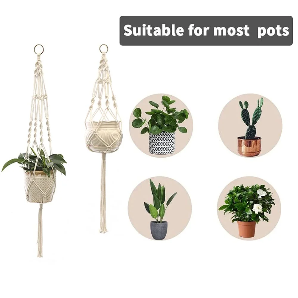 Подвесные корзины Ylinwtech Набор 2 шт. Хлопковая веревка Макраме Ручное плетение Бежевый, фото №3