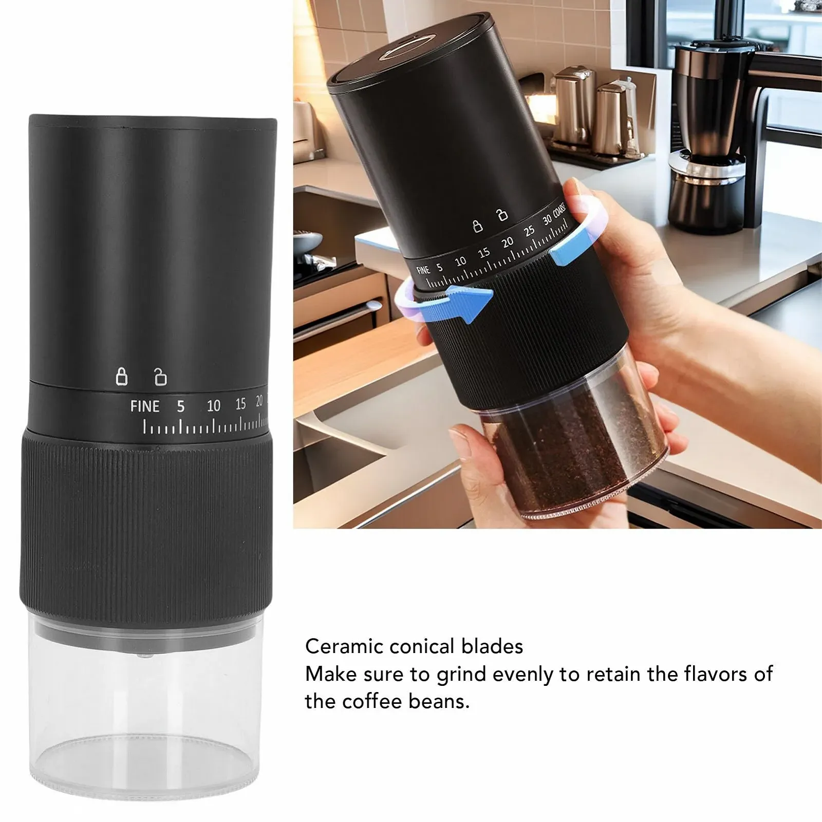 Кавомолка SUNGOOYUE USB-Lade-Keramik mit Konischem Grat, електрична, портативна, регульована, конічна, для кавових зерен, фото №5