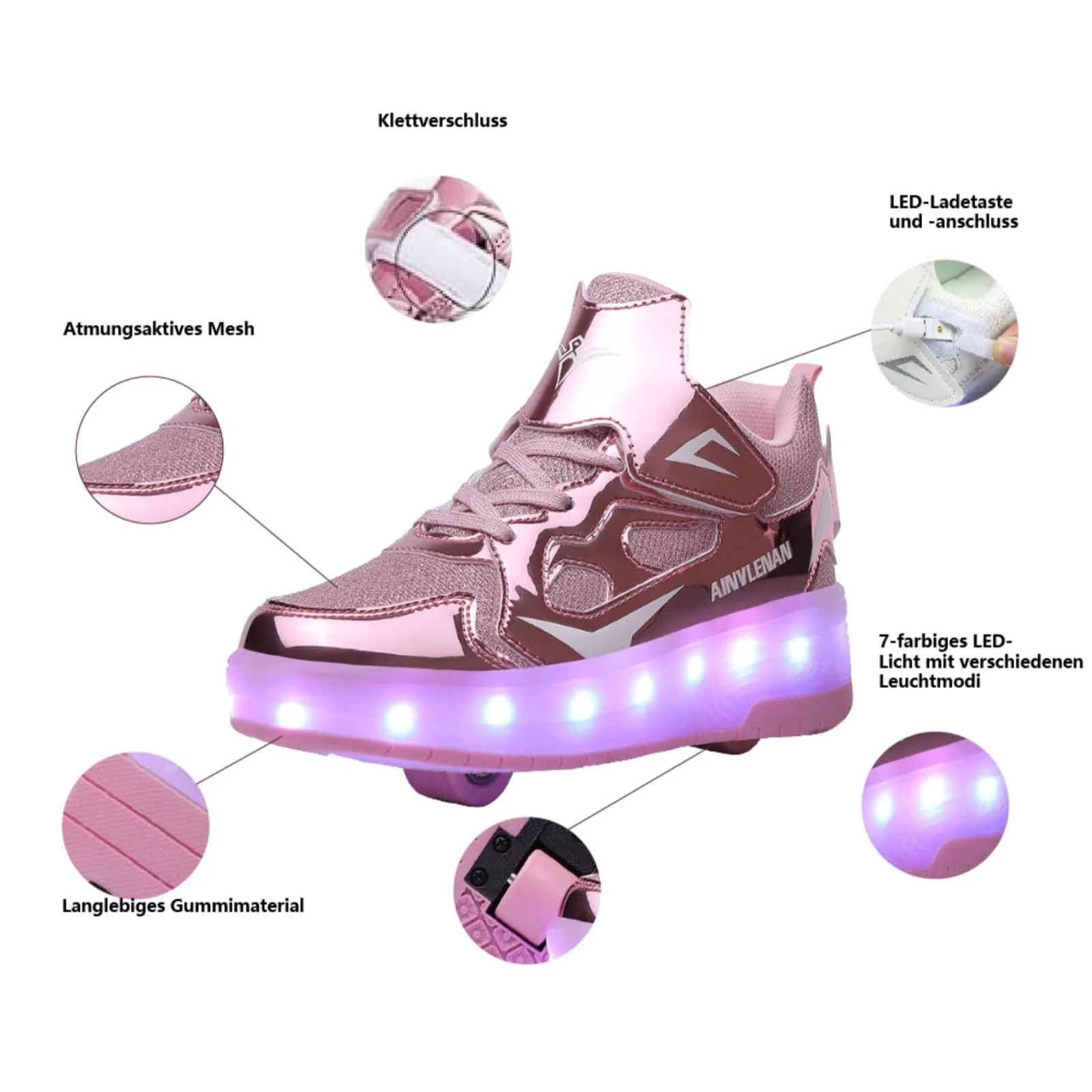 Кроссовки на колесиках HUSKSWARE Детские LED 2 Колеса USB Перезаряжаемые Меняющие цвет Черный Розовый Золотой Серебряный Белый Размер 28-41 EU, фото №4