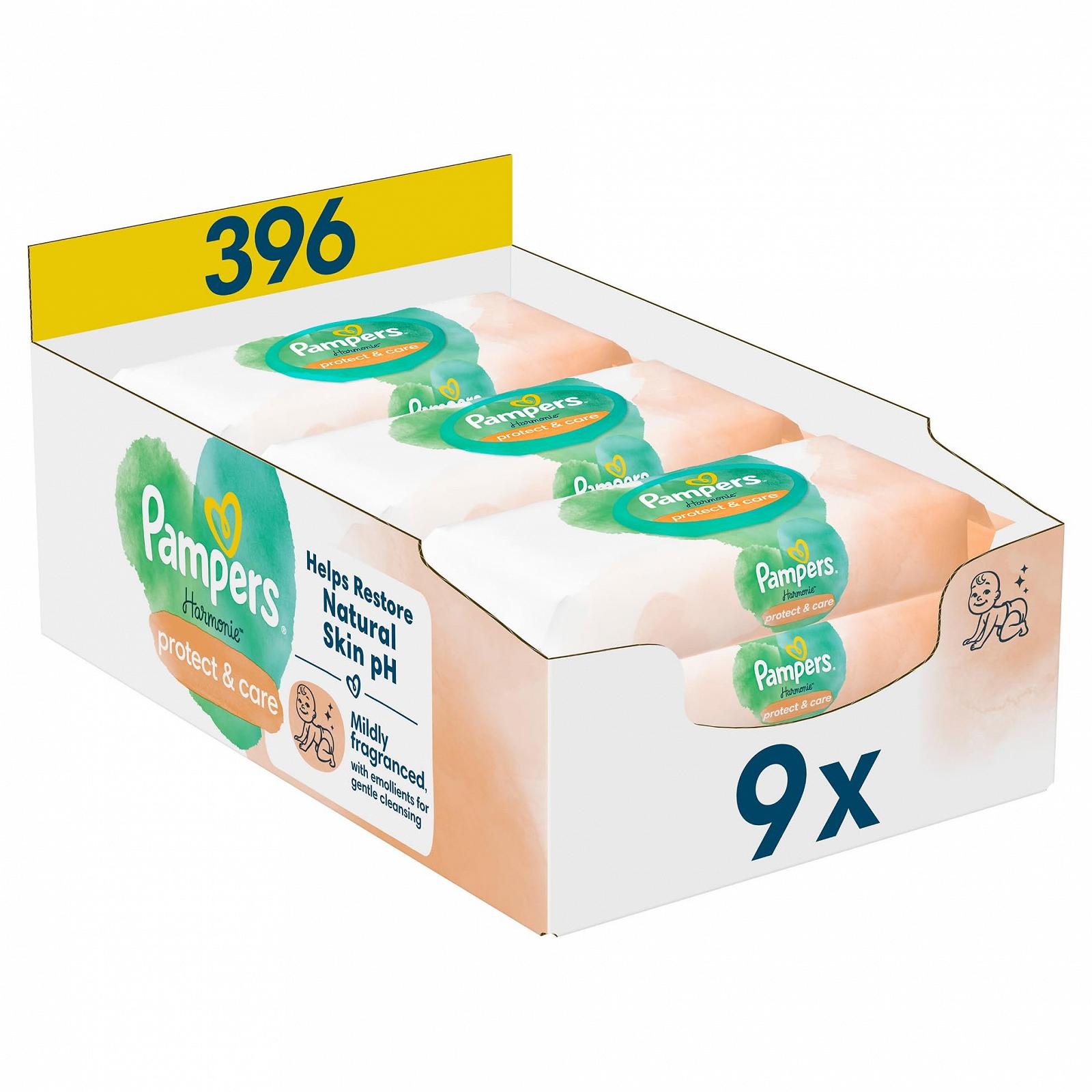 Вологі серветки Pampers Harmonie Protect & Care, 9 упаковок по 44 серветки (396 штук), фото №1