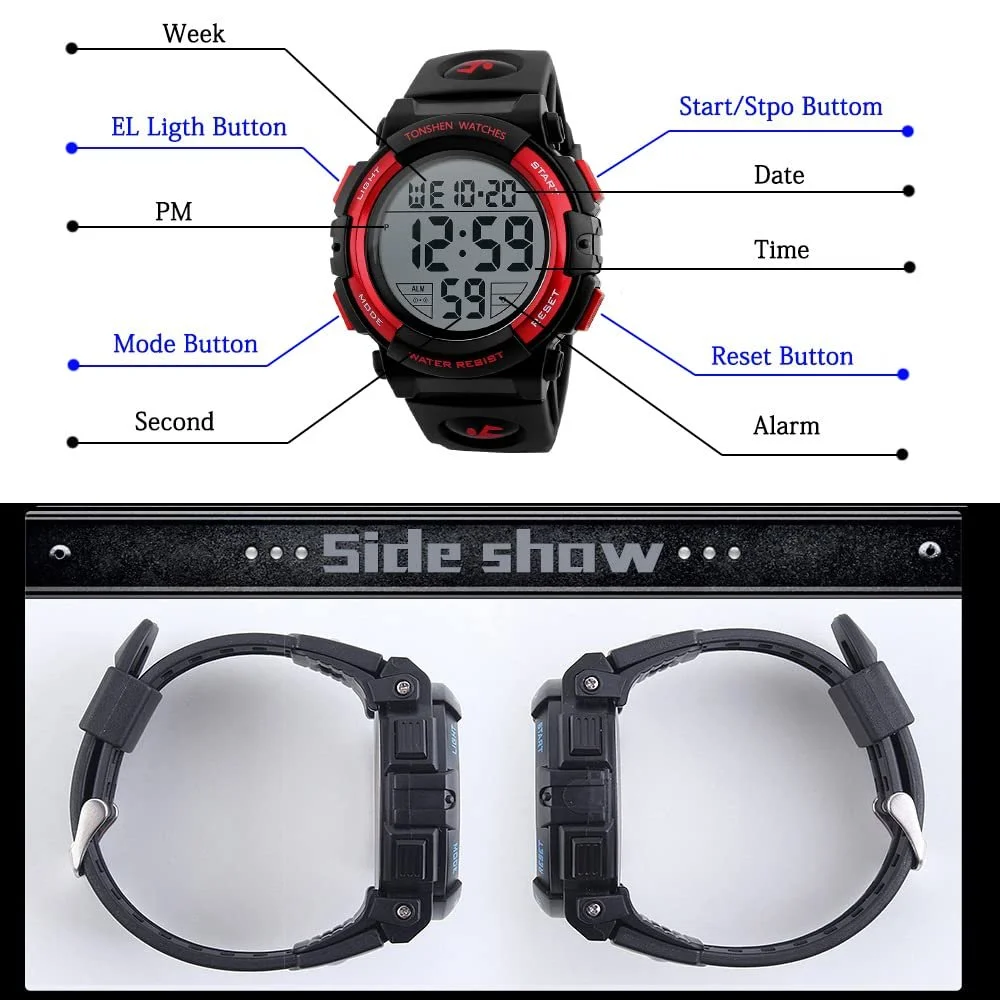 Цифровые спортивные LED часы TONSHEN для мужчин, водонепроницаемые, военные, время 12/24 ч, электронные с большими цифрами, армейские часы, пластиковый корпус с резиновым ремешком, секундомер, дата, будильник, подсветка - Красный, фото №5 Цифровые спортивные LED часы TONSHEN для мужчин, водонепроницаемые, военные, время 12/24 ч, электронные с большими цифрами, армейские часы, пластиковый корпус с резиновым ремешком, секундомер, дата, будильник, подсветка - Красный, фото №5