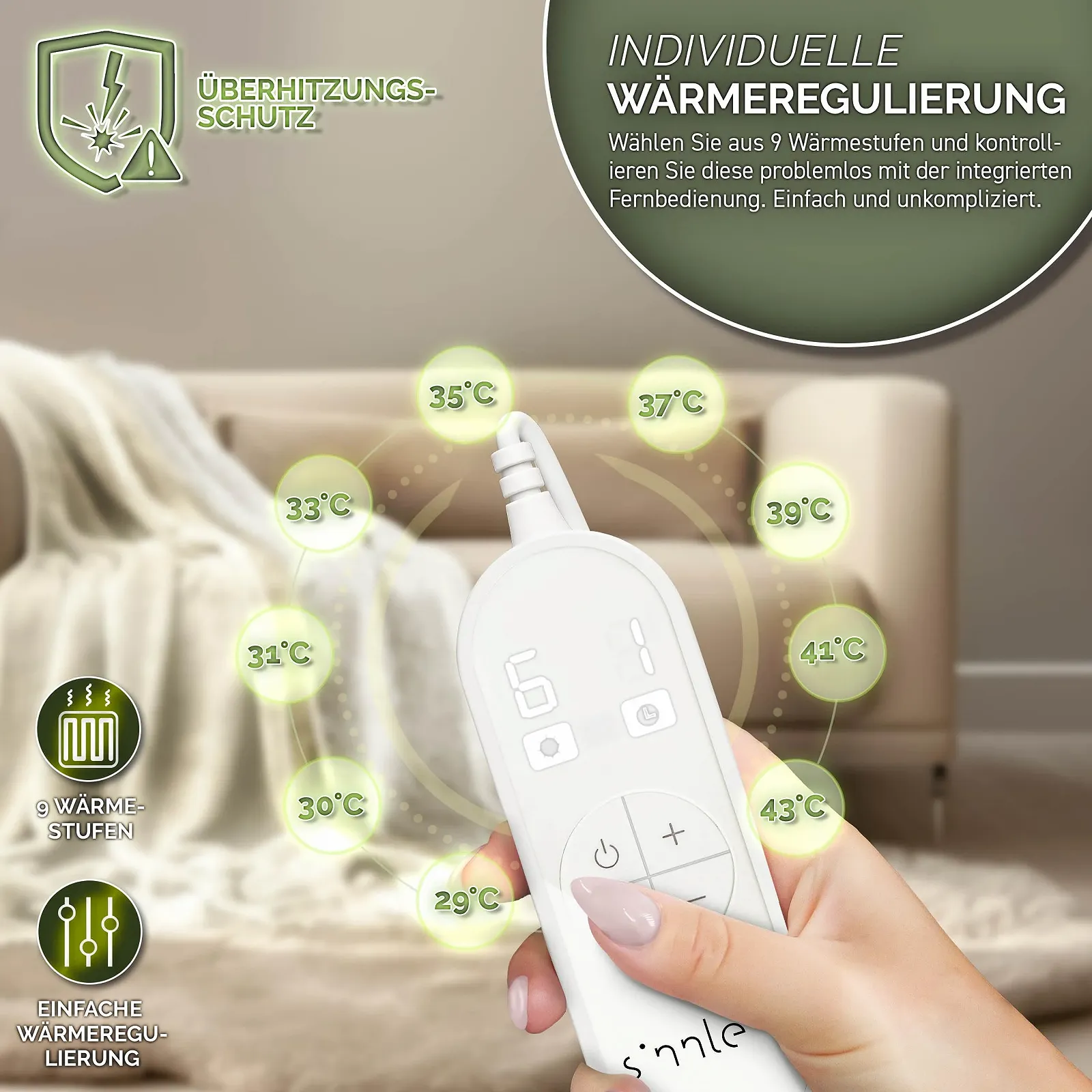 Электрическое одеяло sinnlein 200 x 180 см с автоматическим отключением, 9 уровней температуры, таймер, цифровой, фото №5