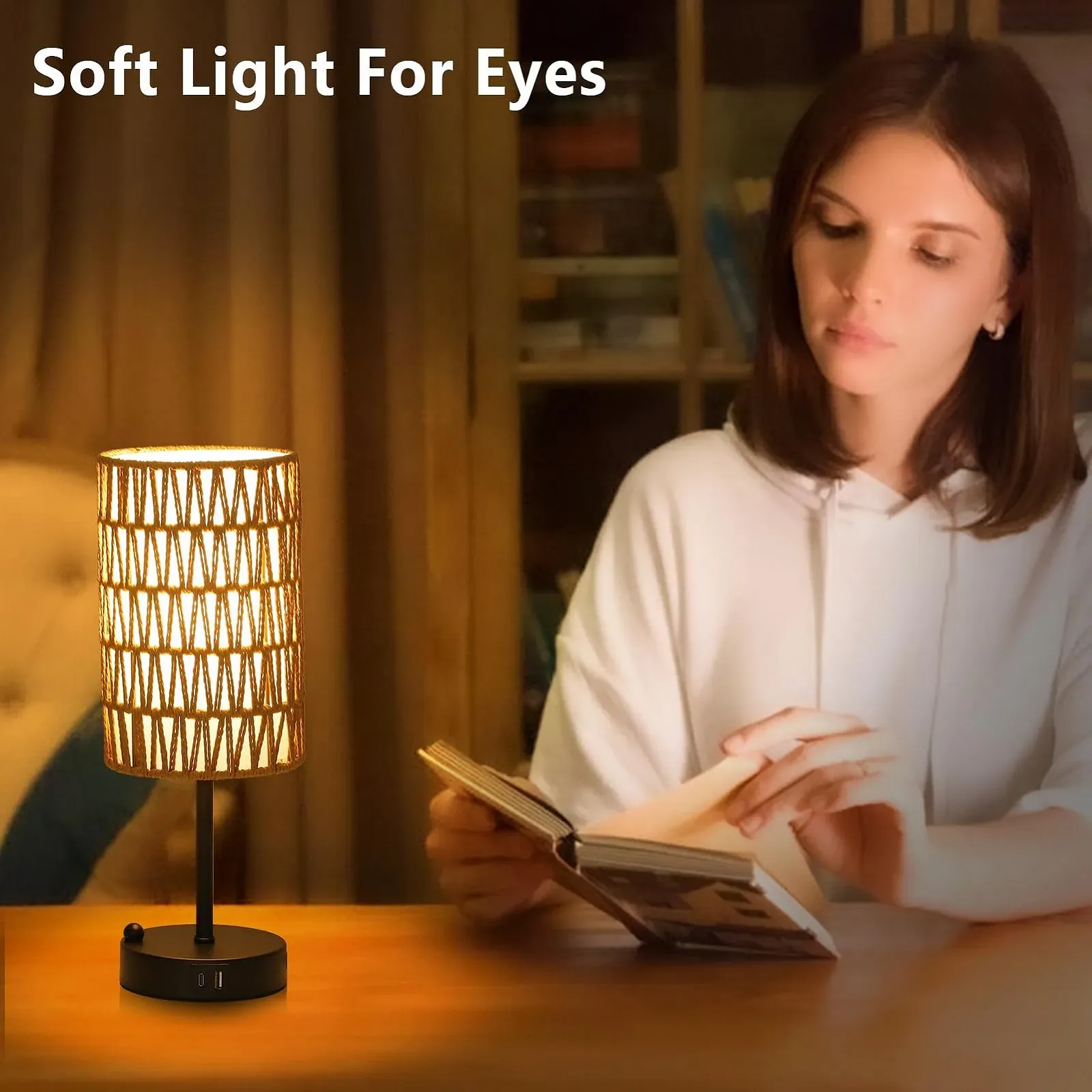 Настільна лампа Сенсорна Диммована USB A+C Ротанговий та лляний абажур Чорна, фото №5