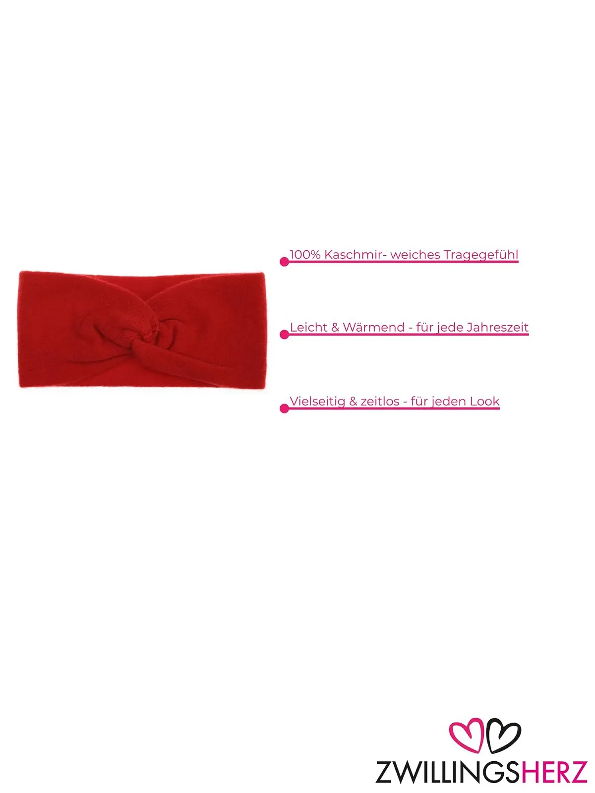 Пов'язка на голову Zwillingsherz 100% кашемір однотонна червона, фото №3