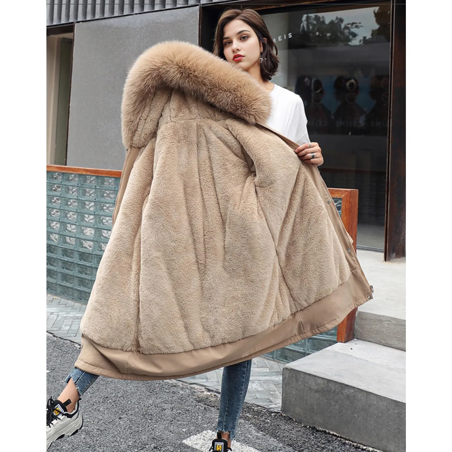 Женская парка с капюшоном из искусственного меха, теплая, фото №3 Женская парка с капюшоном из искусственного меха, теплая, фото №3