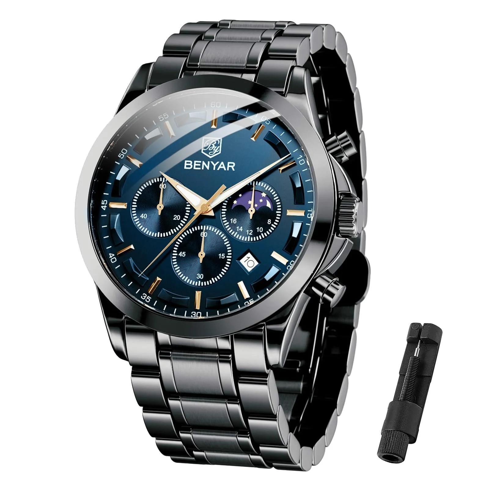 Чоловічий годинник Benyar Chronograph Gold / Silver / Blue / Black, фото №1