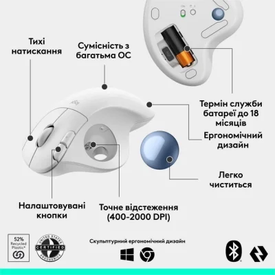 Мышка Logitech Ergo M575S Wireless Trackball Off-white (910-007030), фото №6 Мышка Logitech Ergo M575S Wireless Trackball Off-white (910-007030), фото №6