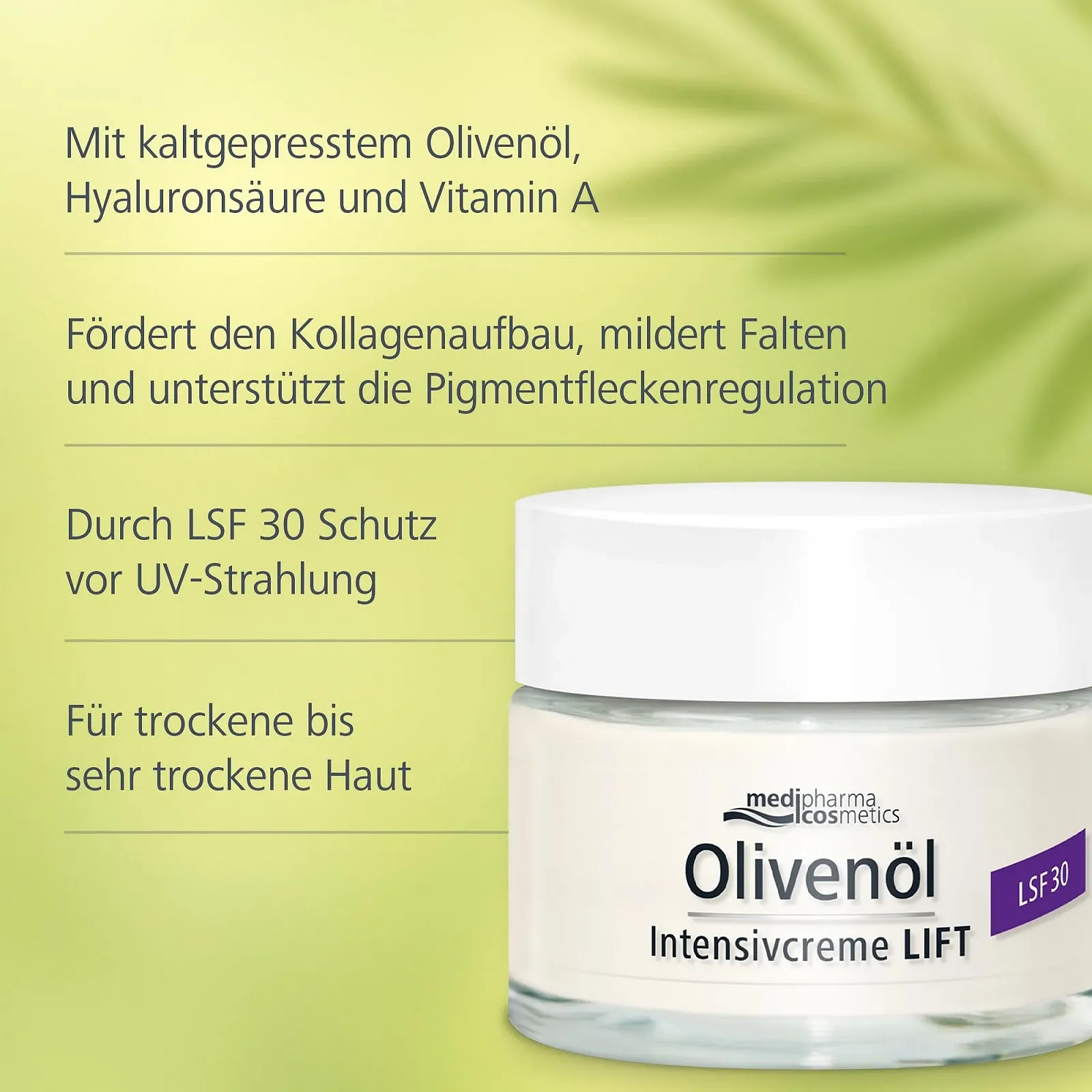Інтенсивний крем-ліфтинг Medipharma Cosmetics Olive Oil SPF 30 50 мл, фото №3 Інтенсивний крем-ліфтинг Medipharma Cosmetics Olive Oil SPF 30 50 мл, фото №3