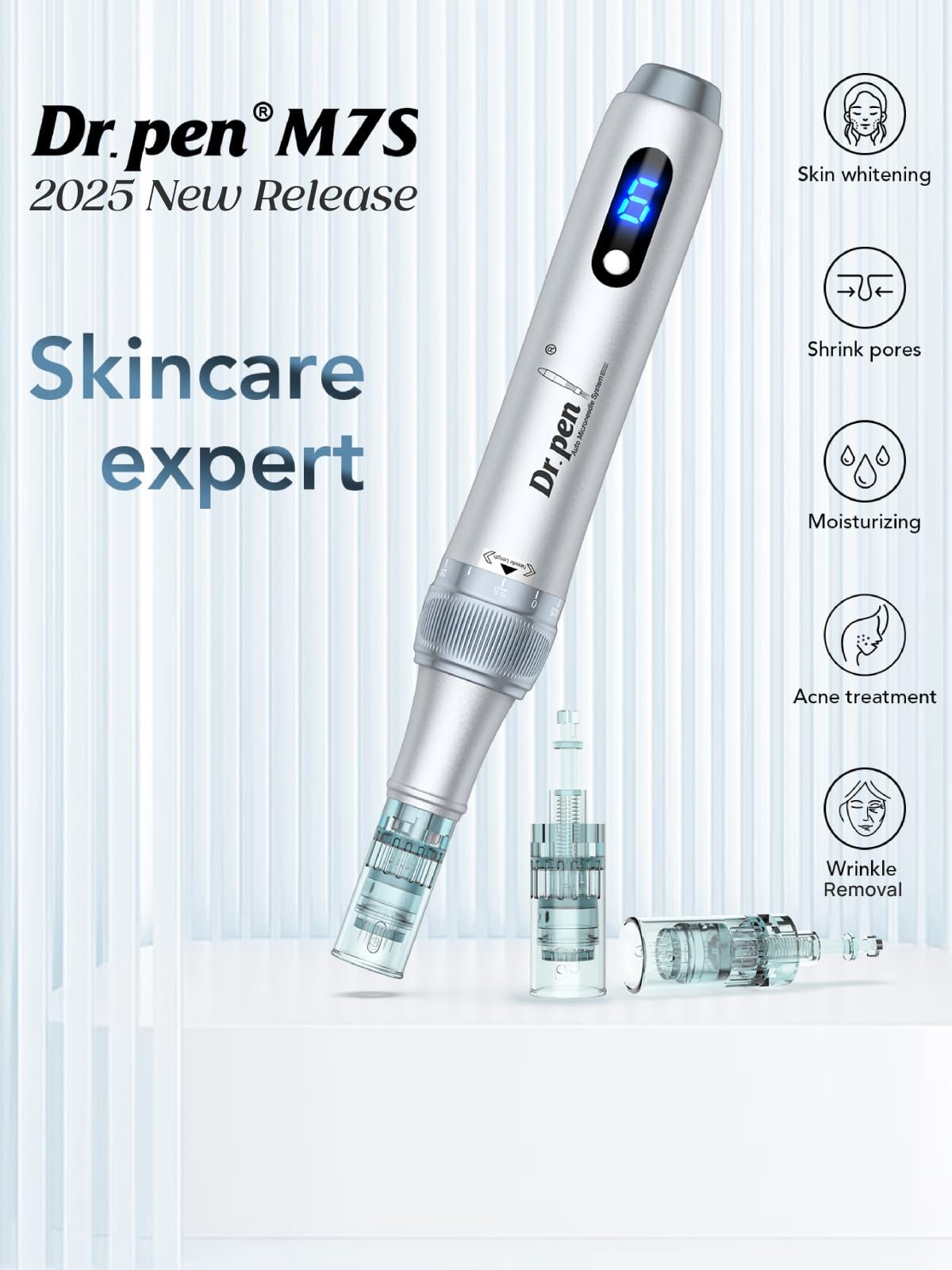 Ручка для мікронідлінгу Dr. Pen M7S з 12 змінними картриджами (16 голок, 24 голки, 36 голок) для антивікового догляду, срібляста, фото №3