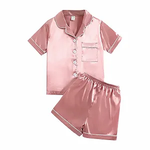 Комплект дитячої піжами на літо для хлопчиків та дівчаток, однотонний, атласний, імітація шовку - Фото 1
