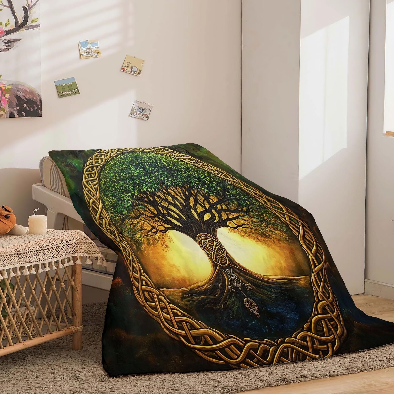 Флісова Покривало 180 x 220 см, Мінімалізм, Дерево Життя, Зелений, фото №3