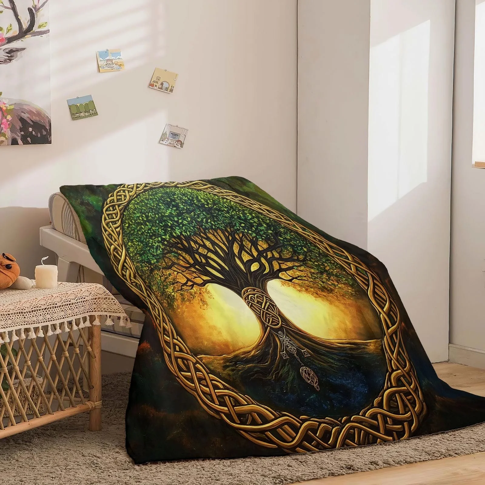 Флисовое одеяло 180 x 220 см, Минимализм, Дерево Жизни, Зеленый, фото №3