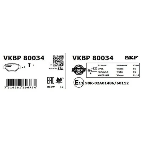 Комплект гальмівних колодок дискового гальма SKF VKBP 80034 для NISSAN OPEL RENAULT VAUXHALL, фото №4 Комплект гальмівних колодок дискового гальма SKF VKBP 80034 для NISSAN OPEL RENAULT VAUXHALL, фото №4