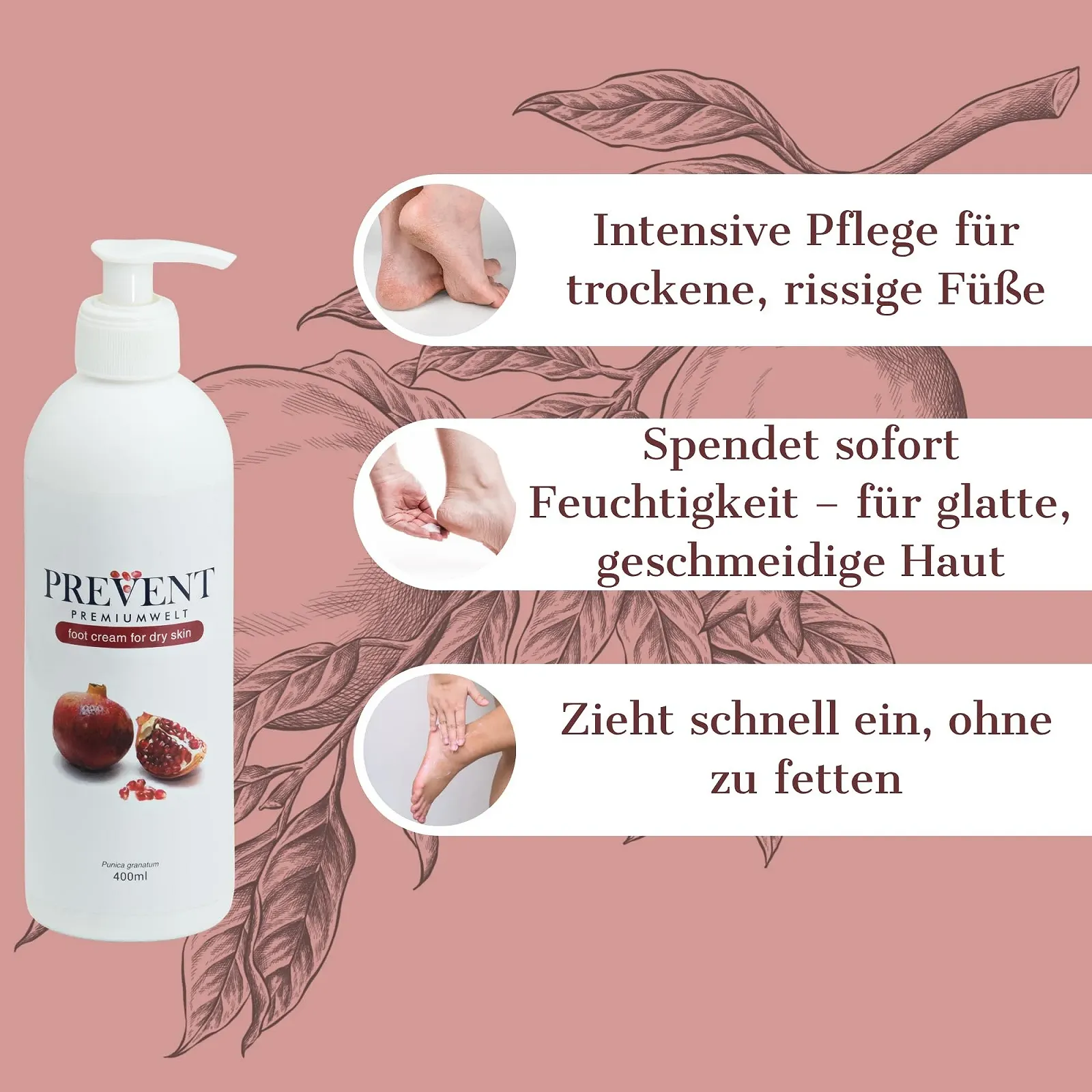 Крем для ног Premiumwelt PREVENT увлажняющий с экстрактом граната 400 мл, фото №2