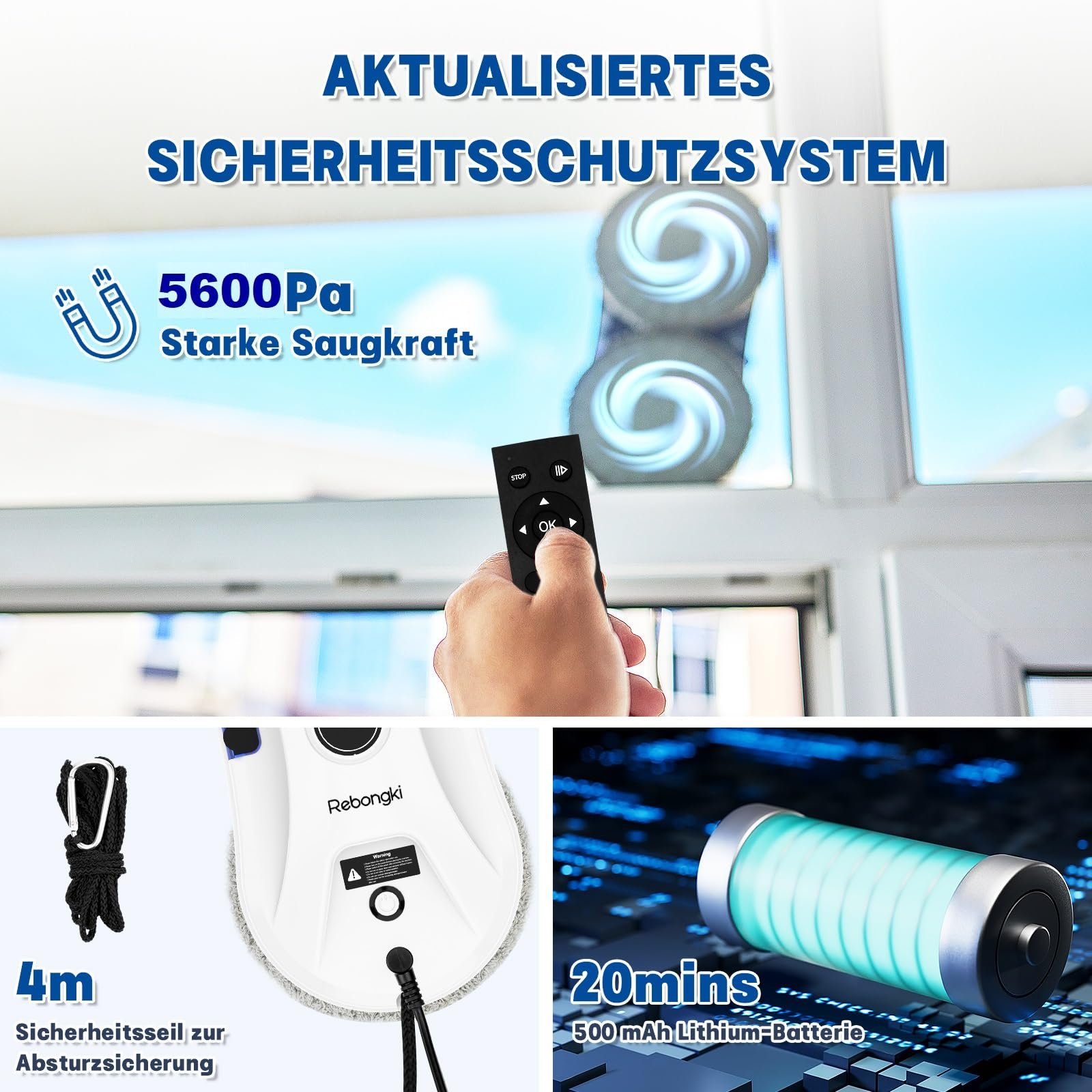 Робот для мойки окон Electric Window Cleaner 5600Pa, 3 режима, интеллектуальное обнаружение краев, дистанционное управление, автоматическая водяная струя для внутренних и наружных окон, фото №3