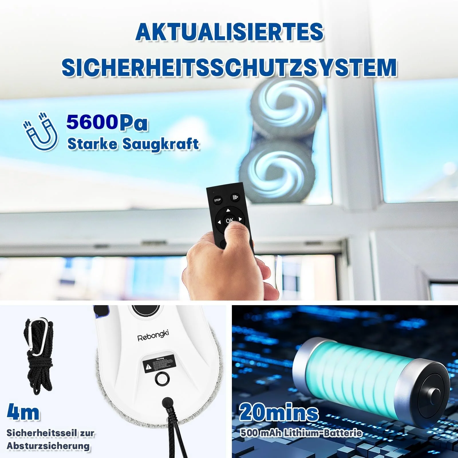 Робот для миття вікон Electric Window Cleaner 5600Pa, 3 режими, інтелектуальне виявлення країв, дистанційне керування, автоматичний водяний струмінь для внутрішніх і зовнішніх вікон, фото №3