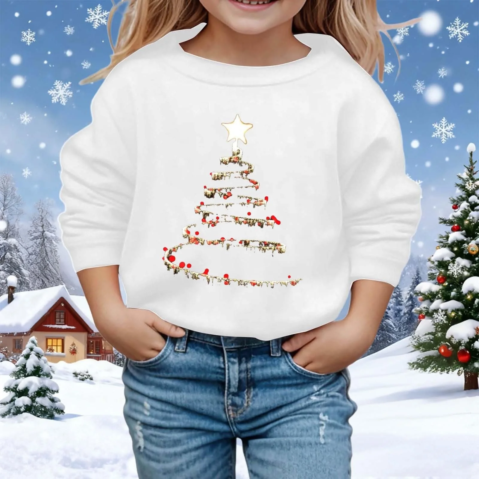 Детский рождественский джемпер Sfwqoifou, теплая рождественская рубашка с принтом для девочек, зимний свитер с длинными рукавами, детский рождественский вязаный джемпер, топы, круглый вырез горловины, смешной рождественский джемпер, фото №2