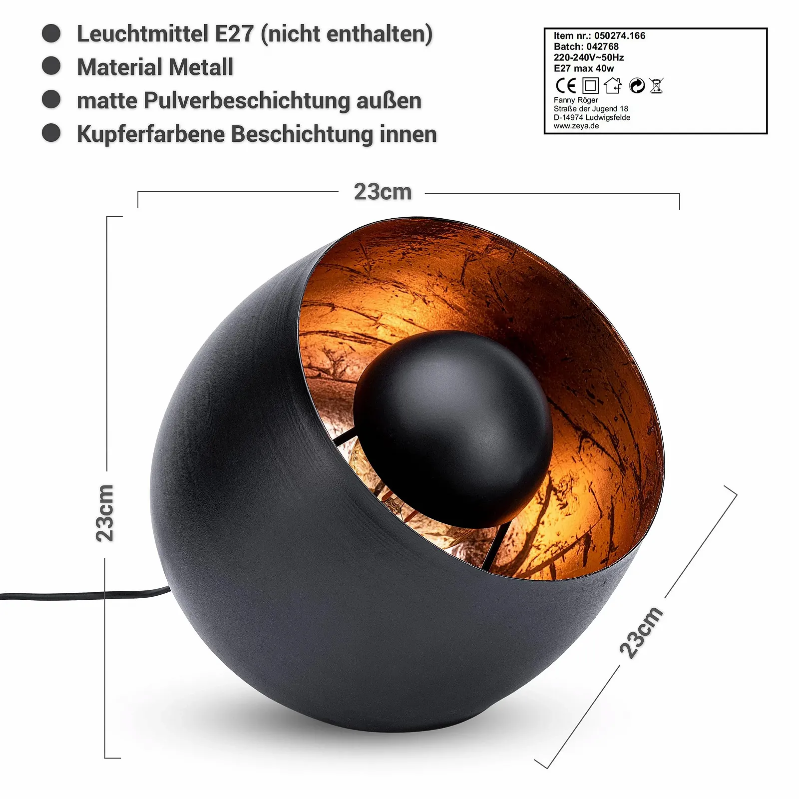 Настільна лампа ZEYA Black Copper Metal Діаметр 23 см E27 Max 40 W Чорна, фото №2