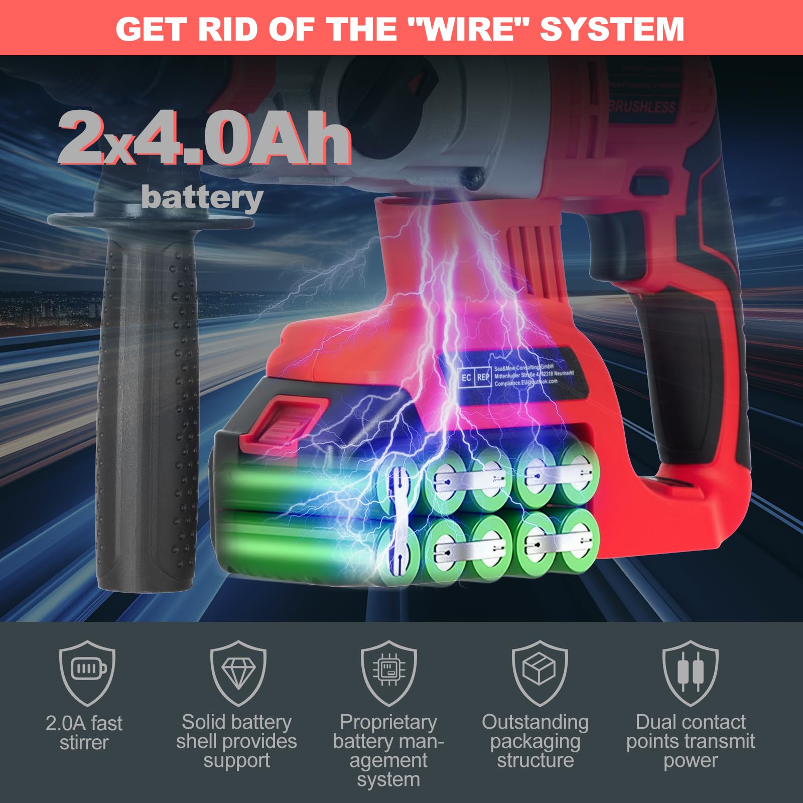 Электродрель SDS-plus Brushless 2 x 4000 mAh 3 Сверла 2 Долота 4-в-1, фото №3